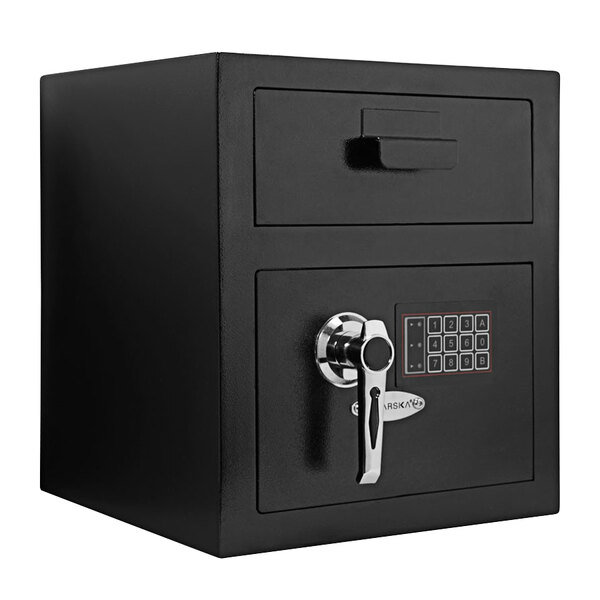 A Barska black steel depository safe with digital keypad and key lock.