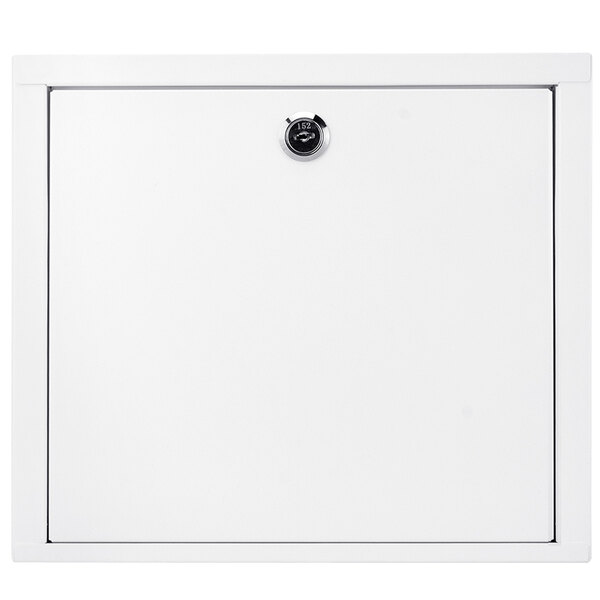 A white steel Barska medicine security cabinet with a key lock.