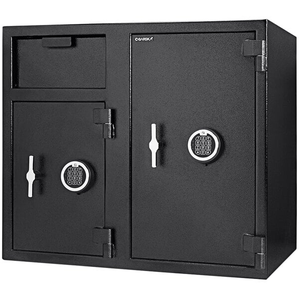 A black steel Barska locker depository safe with two doors and two locks.