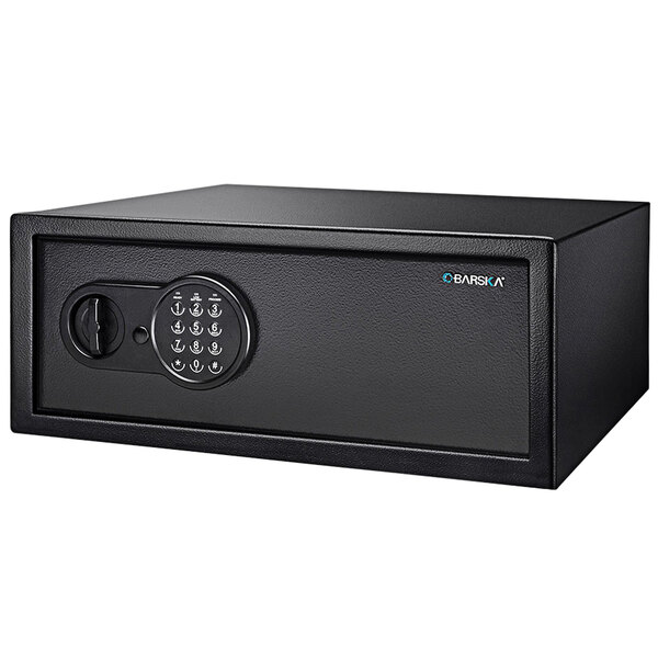 A black Barska security safe with a digital keypad and key lock.
