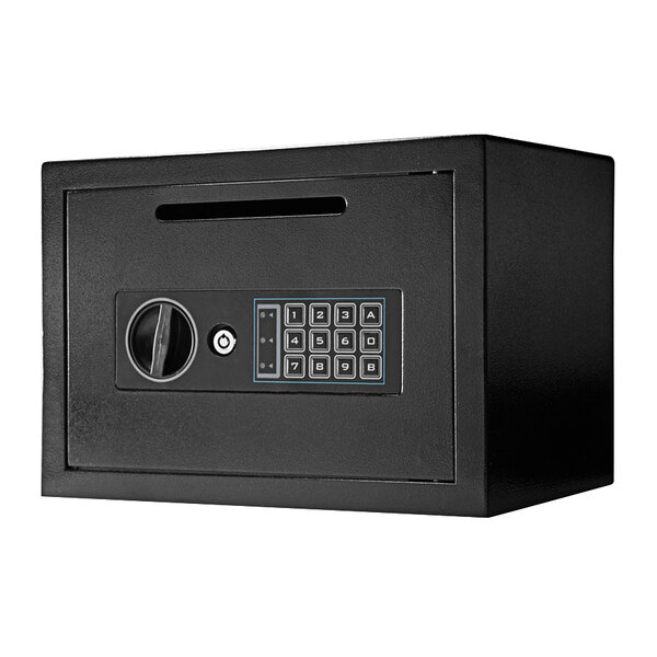 A Barska black steel depository security safe with digital keypad and key lock.