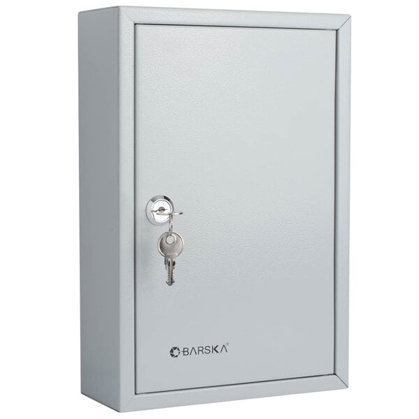A gray steel Barska key cabinet with a key in the lock.