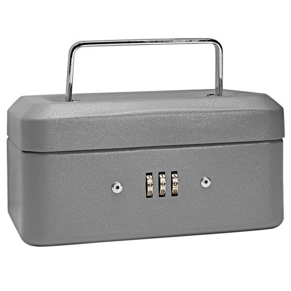 A gray steel Barska cash box with combination lock and handle.