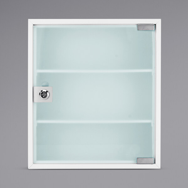 A white steel Barska medicine cabinet with tempered glass doors and a lock.