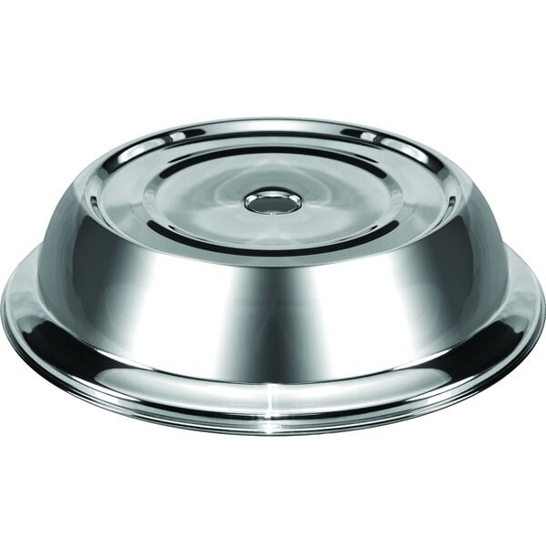 A stainless steel International Tableware dome plate cover with a circular rim.
