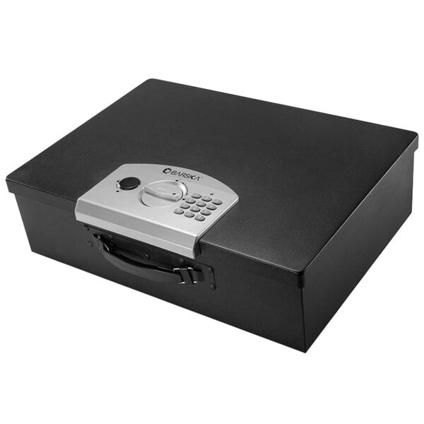 A Barska black steel safe box with a digital keypad and key lock.