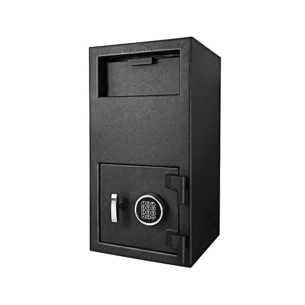A Barska black steel depository security safe with a keypad and key lock.