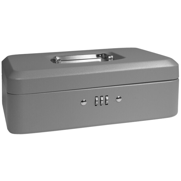 A gray metal Barska cash box with a combination lock.