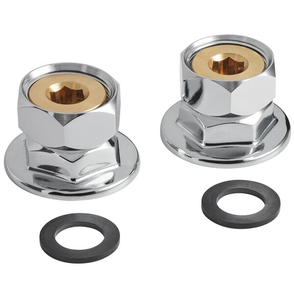 Two chrome plated Waterloo 1/2" NPT female inlet faucet couplings and washers.