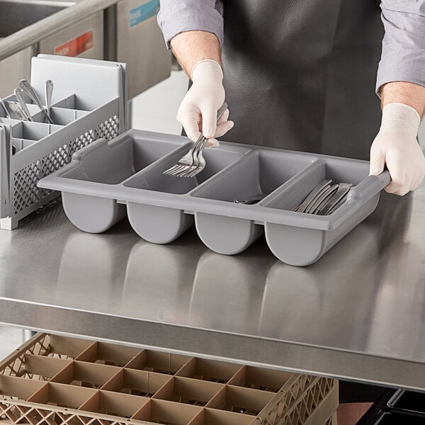 Choice Gray 4-Compartment Plastic Cutlery Box / Flatware Bin with Handles