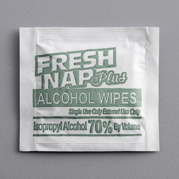 A white package of 5" x 8" 70% Alcohol Antiseptic Moist Towelettes with green text.