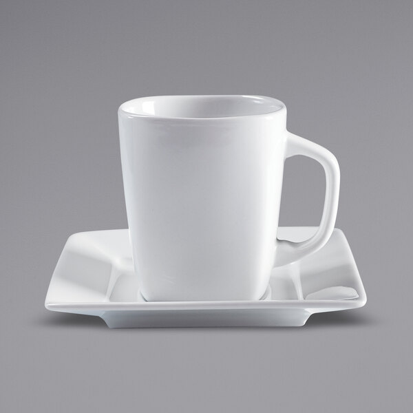 A Corona by GET Enterprises bright white square cup on a saucer.