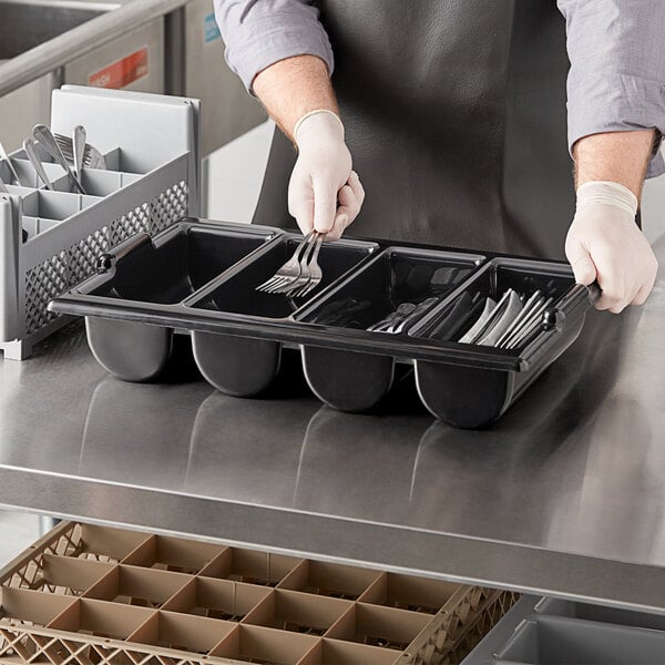 Choice Black 4-Compartment Plastic Cutlery Box / Flatware Bin with Handles