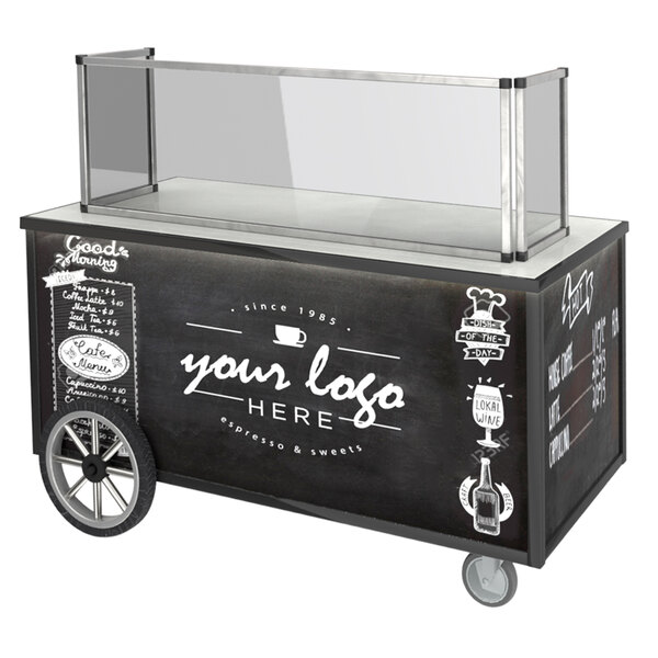 An Astra espresso machine cart with a black and white chalkboard sign.