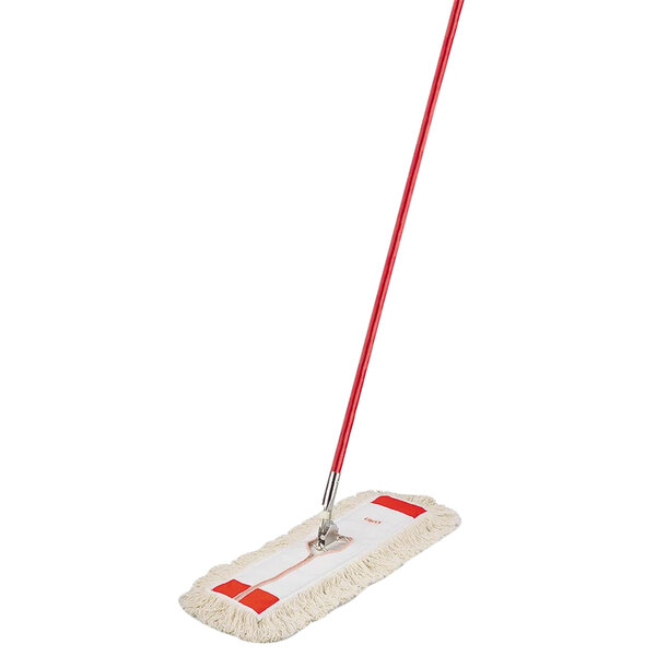A Libman dust mop with a white cloth and red stripe and a red handle.