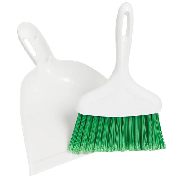 A white Libman dustpan and green whisk broom set.