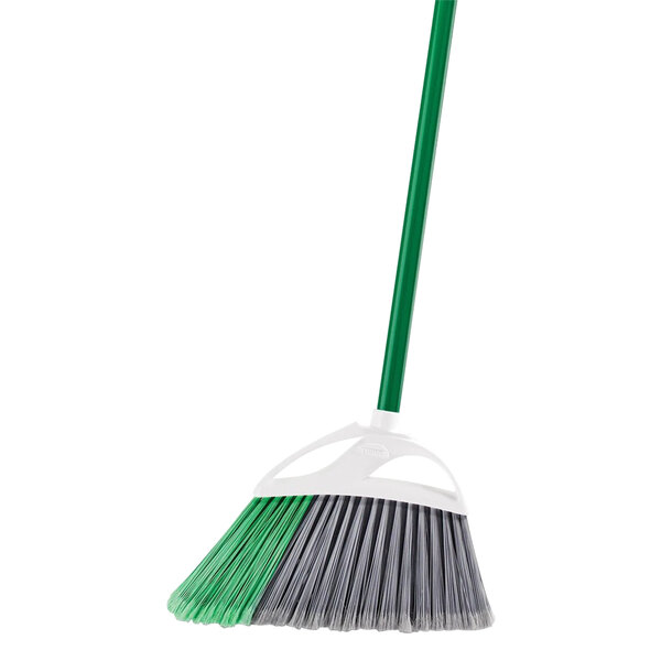 A green and white Libman Precision Angle Broom with a handle.
