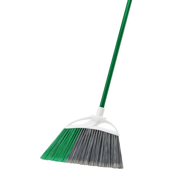 A green and white Libman Precision Angle Broom with a grey handle.