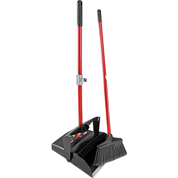 A black and red Libman Deluxe Lobby Broom and Open-Lid Dust Pan with Rubber Lip.