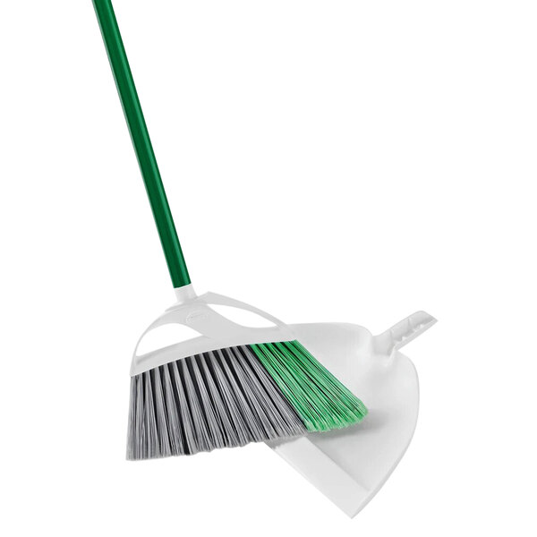 A Libman broom and dustpan with a green handle.