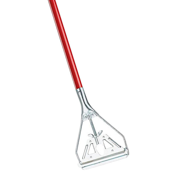 A red and silver metal mop handle with a metal triangle with a screw at the end.