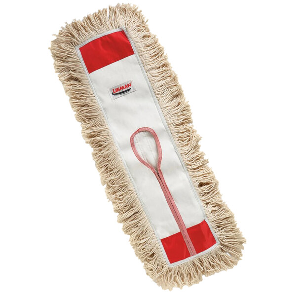 A Libman dust mop head refill with white and red fabric.