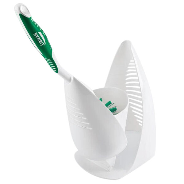 A white and green Libman Angled Toilet Bowl Brush and Caddy.
