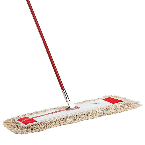 A Libman dust mop with a red handle.