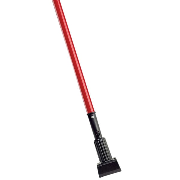 A long black and red Libman mop handle with a black grip.