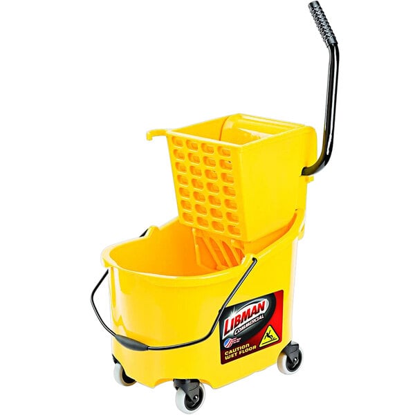 A yellow Libman mop bucket with a handle and side-press wringer.