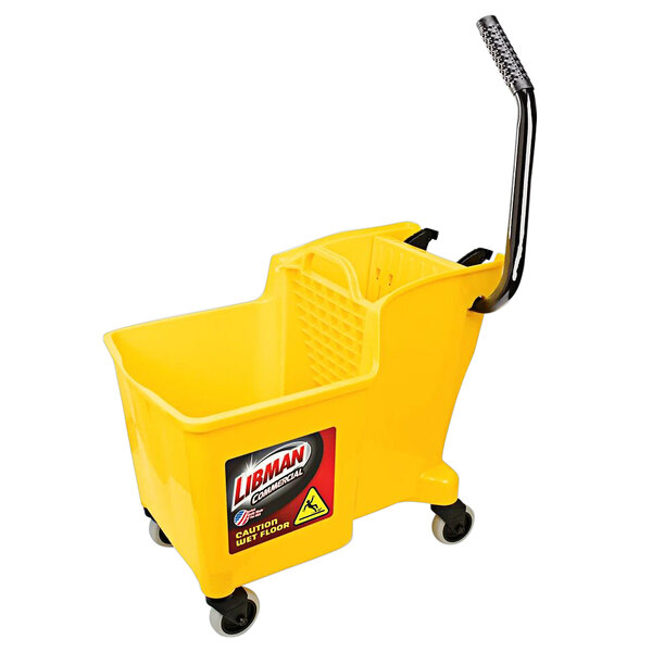 A yellow Libman mop bucket with a black handle.