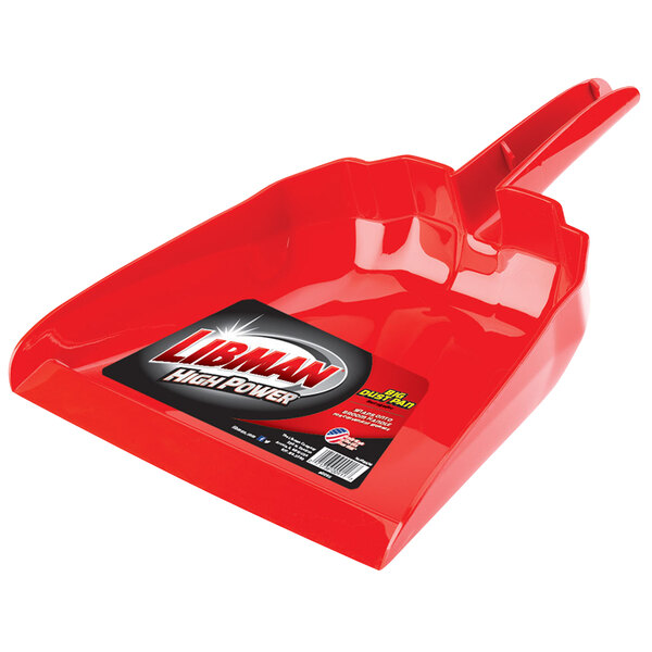 A red plastic Libman dust pan with a handle.