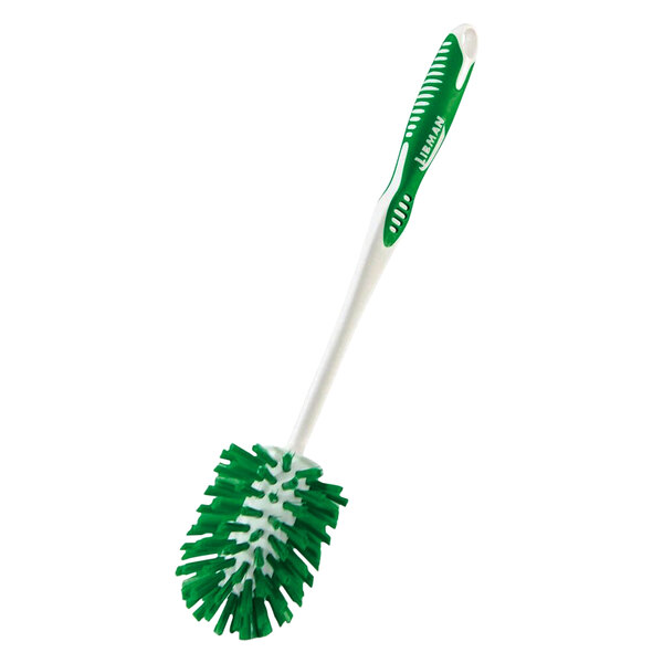 A Libman round toilet bowl brush with a green and white handle.