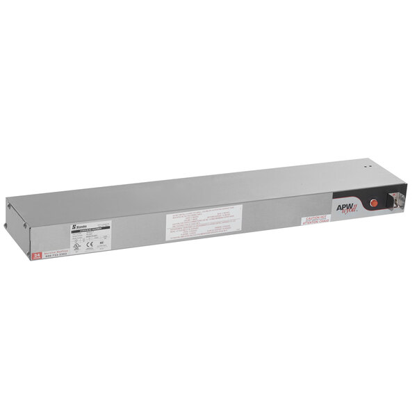 A long rectangular grey metal box with red toggle buttons.