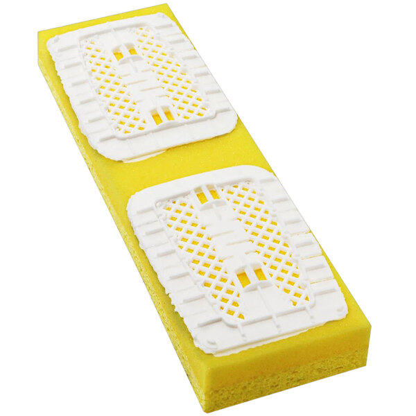 A yellow sponge with white plastic inserts.
