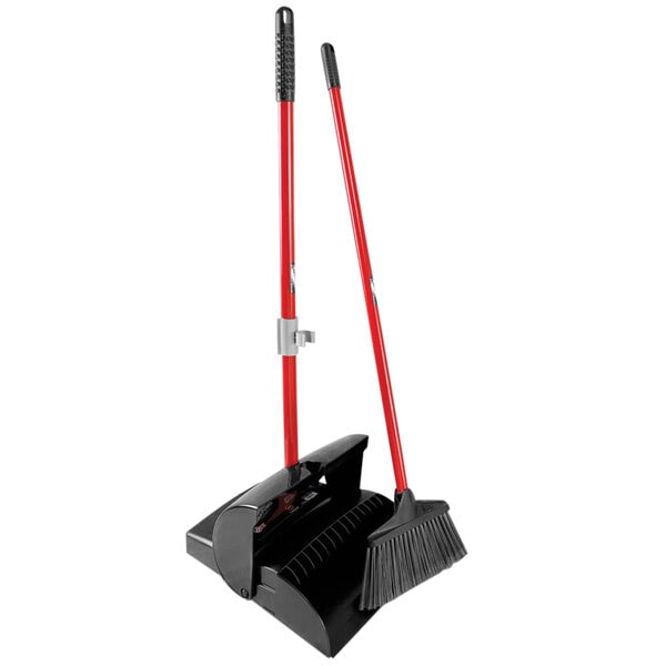 A Libman lobby broom and dustpan with a red handle and black accents.