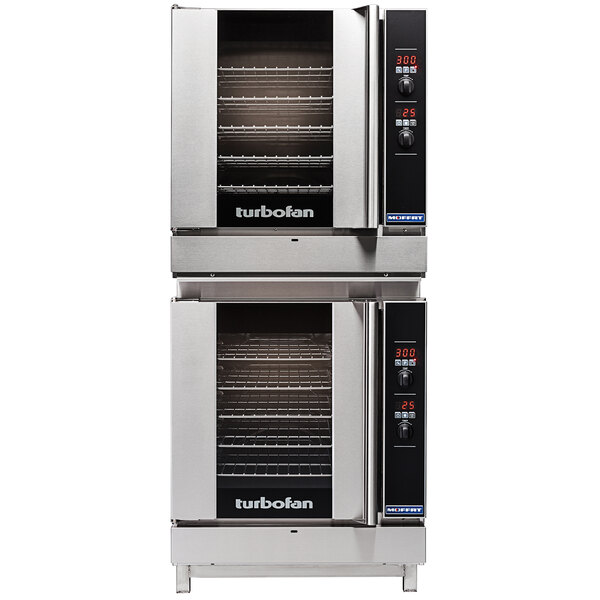 A Moffat stainless steel double deck commercial convection oven with two racks.