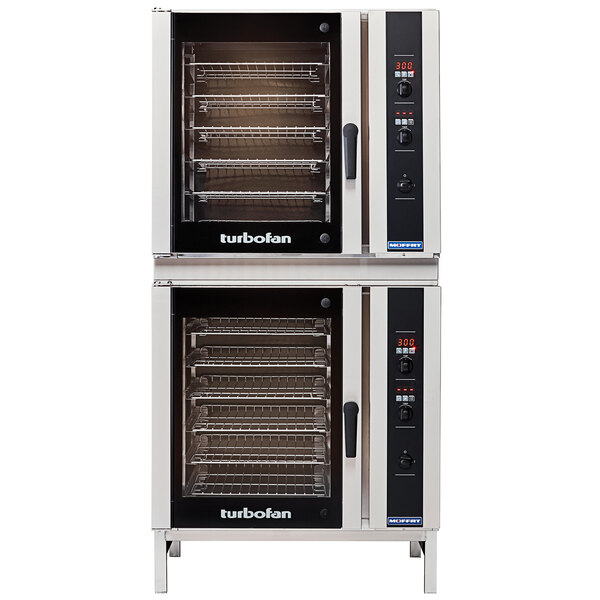 A Moffat Turbofan double deck electric convection oven with two racks on top.