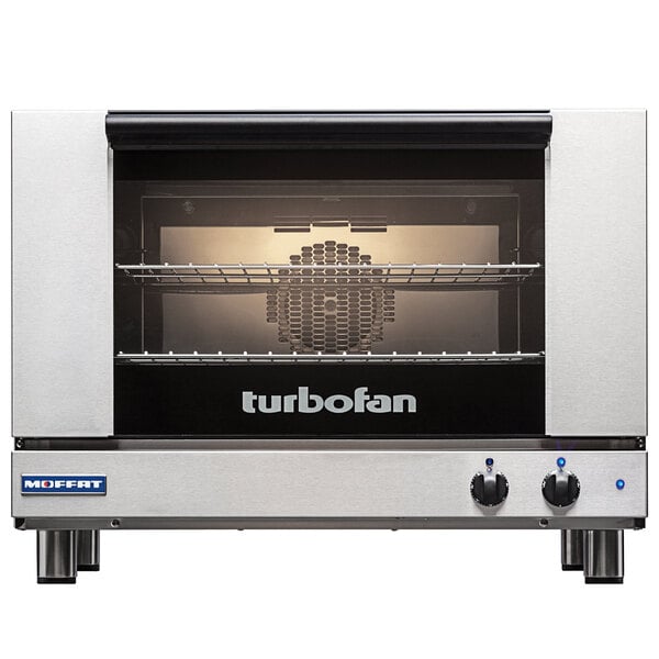 A silver and black Moffat Turbofan convection oven.