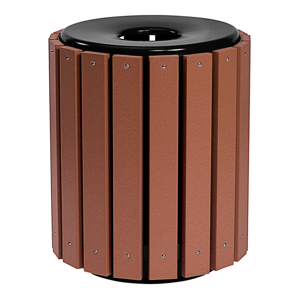 A brown and black Wabash Valley Green Valley Poly-Tuf round outdoor trash can.