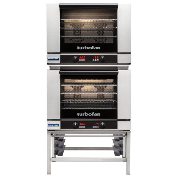 A large Moffat electric double convection oven with two racks inside.