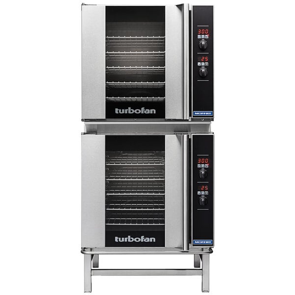 A Moffat Turbofan double deck electric convection oven with two racks in each oven.