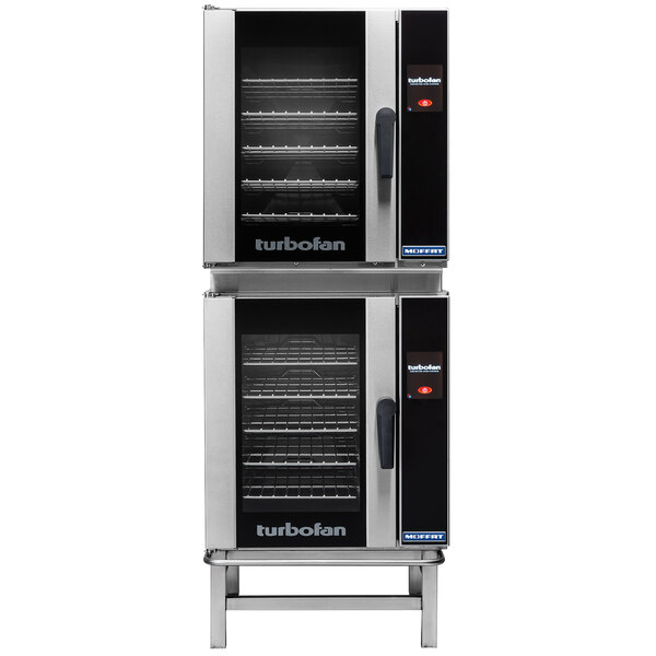 A white Moffat Turbofan double deck convection oven with touch screens.