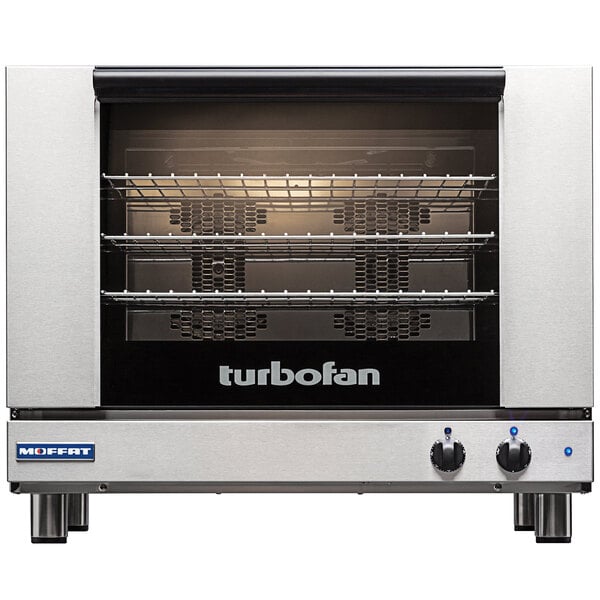 A silver Moffat Turbofan convection oven with black trim.