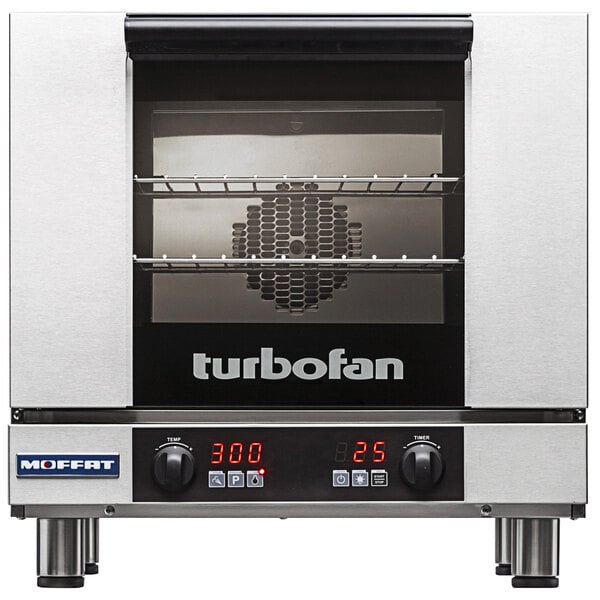 A close-up of a Moffat Turbofan convection oven with a digital display.