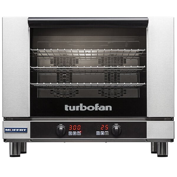 A Moffat Turbofan electric convection oven with a glass door and digital screen.