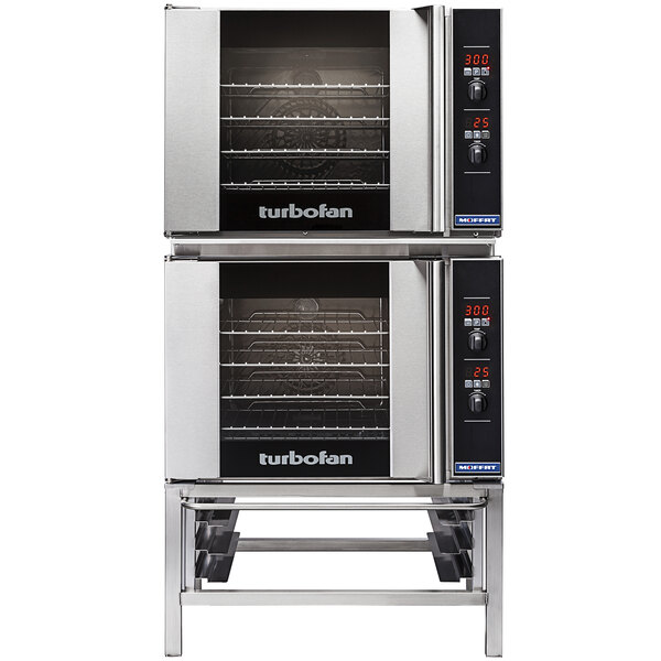 A Moffat Turbofan double deck convection oven with doors open and racks inside.