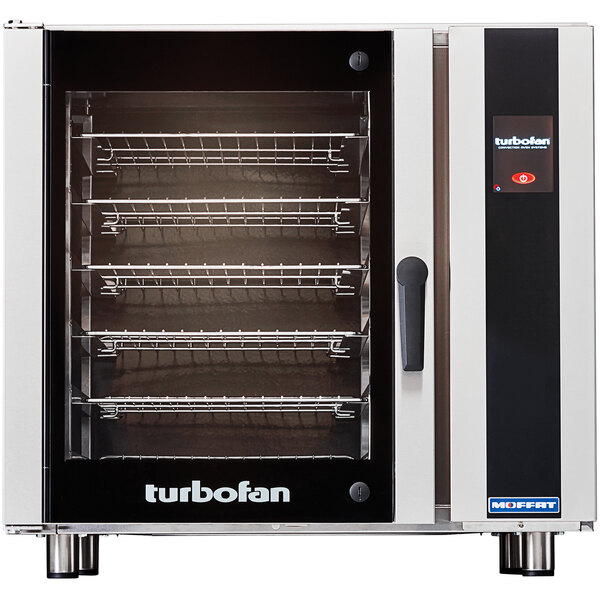 A Moffat Turbofan commercial convection oven with the door open and shelves inside.