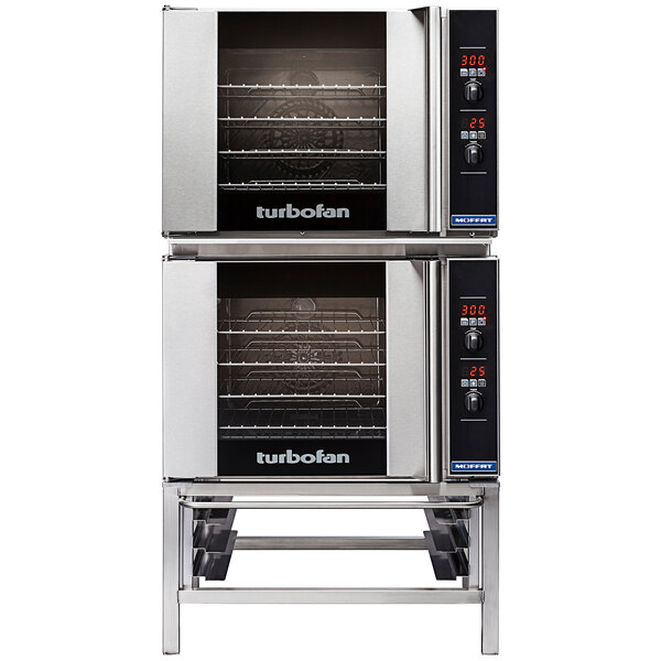 A Moffat double deck commercial convection oven with two racks in each oven.