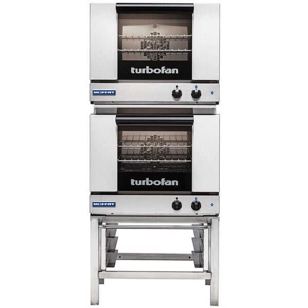 A Moffat stainless steel double deck electric convection oven with racks inside.
